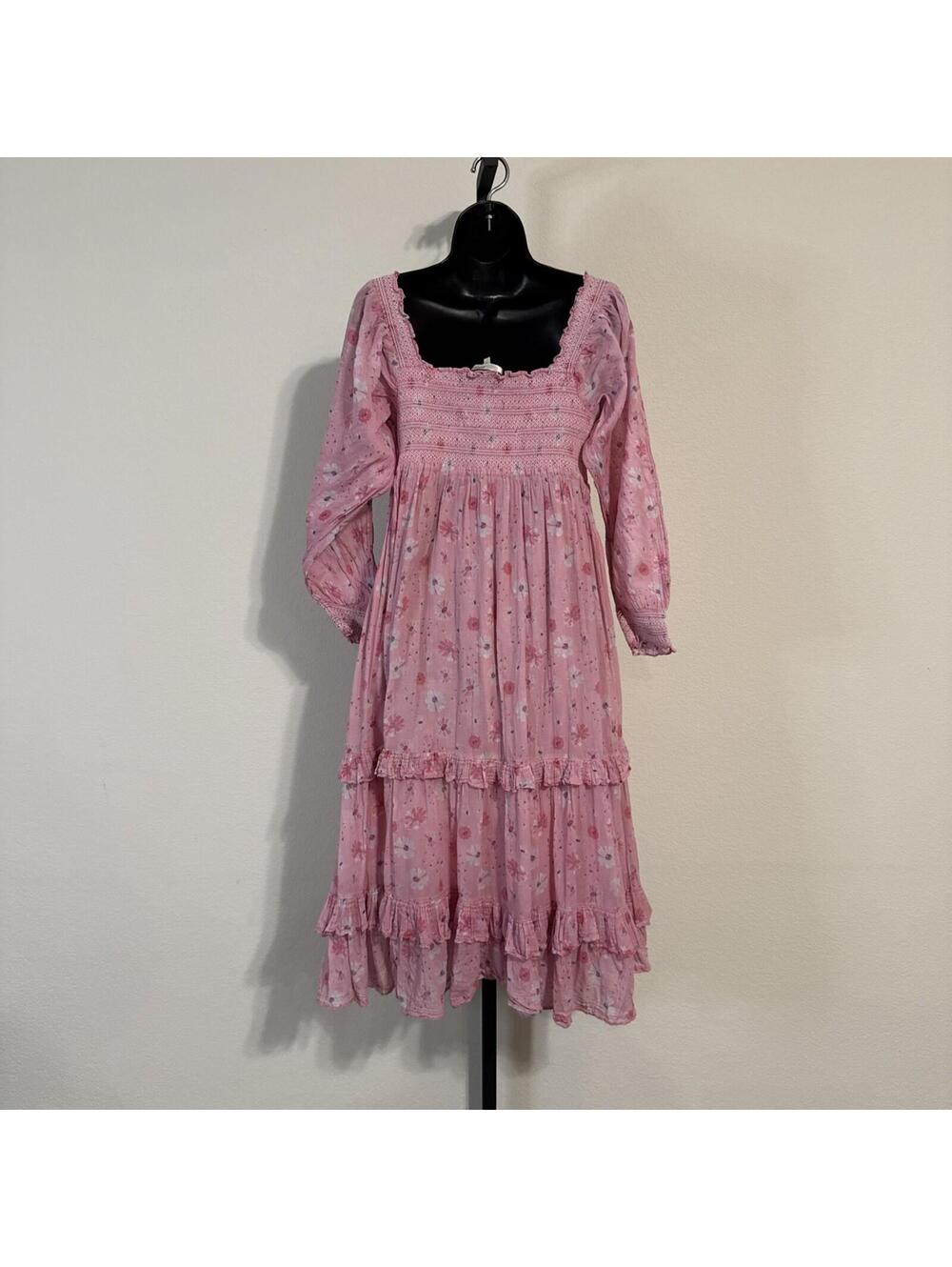 $475 LoveShackFancy Pink "Miri" Dress w/ Square Smocked Bodice Ruffle Hem - LRG - Picture 8 of 11